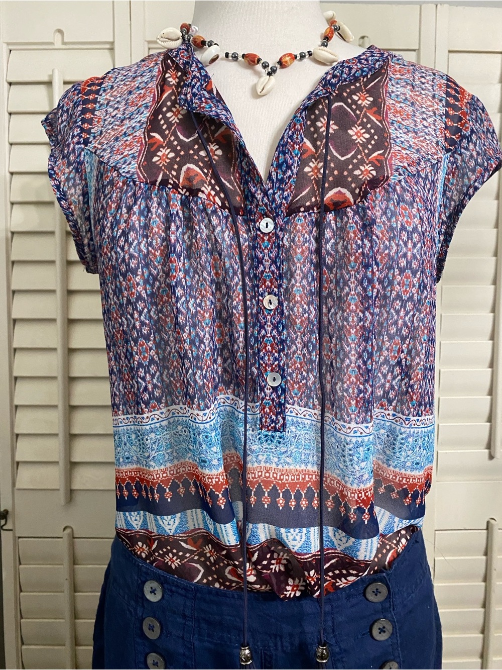 DR2 Multicolor Boho Cap-Sleeve Blouse in Blue, Brown and Coral